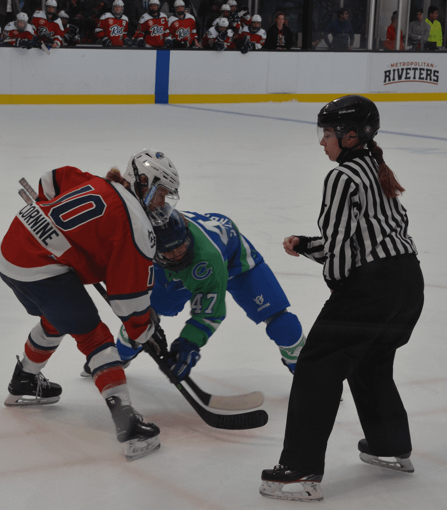 Kendall Cornine (10) of the Metropolitan Riveters takes the face-off against Connecticut Whales Lenka Serdar (47) at American Dream in East Rutherford, NJ.