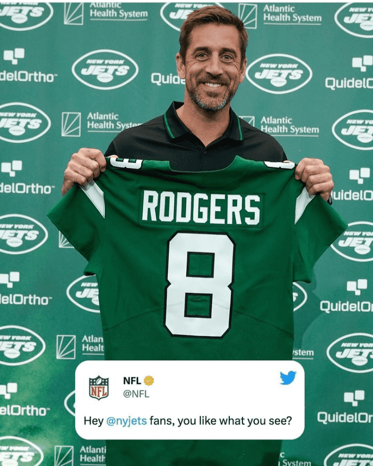New York Jets newest QB Aaron Rodgers (8) displays new jersey number and NFL tweet embedded.
