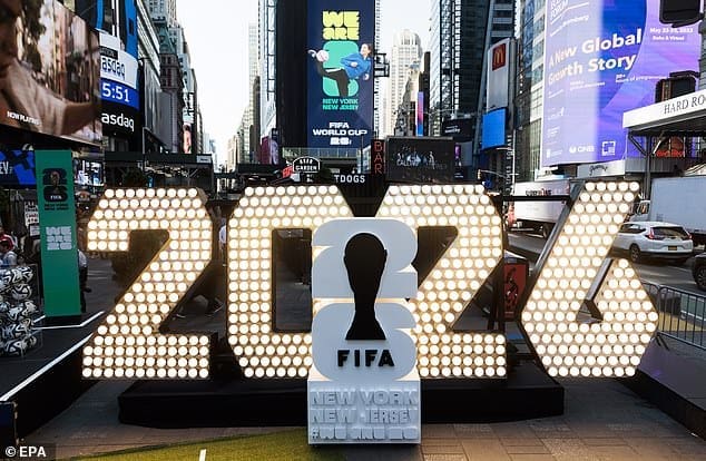 2026 sign lit up in midtown. with the Fifa World Cup logo. Credit: Bad Dawg Sports
