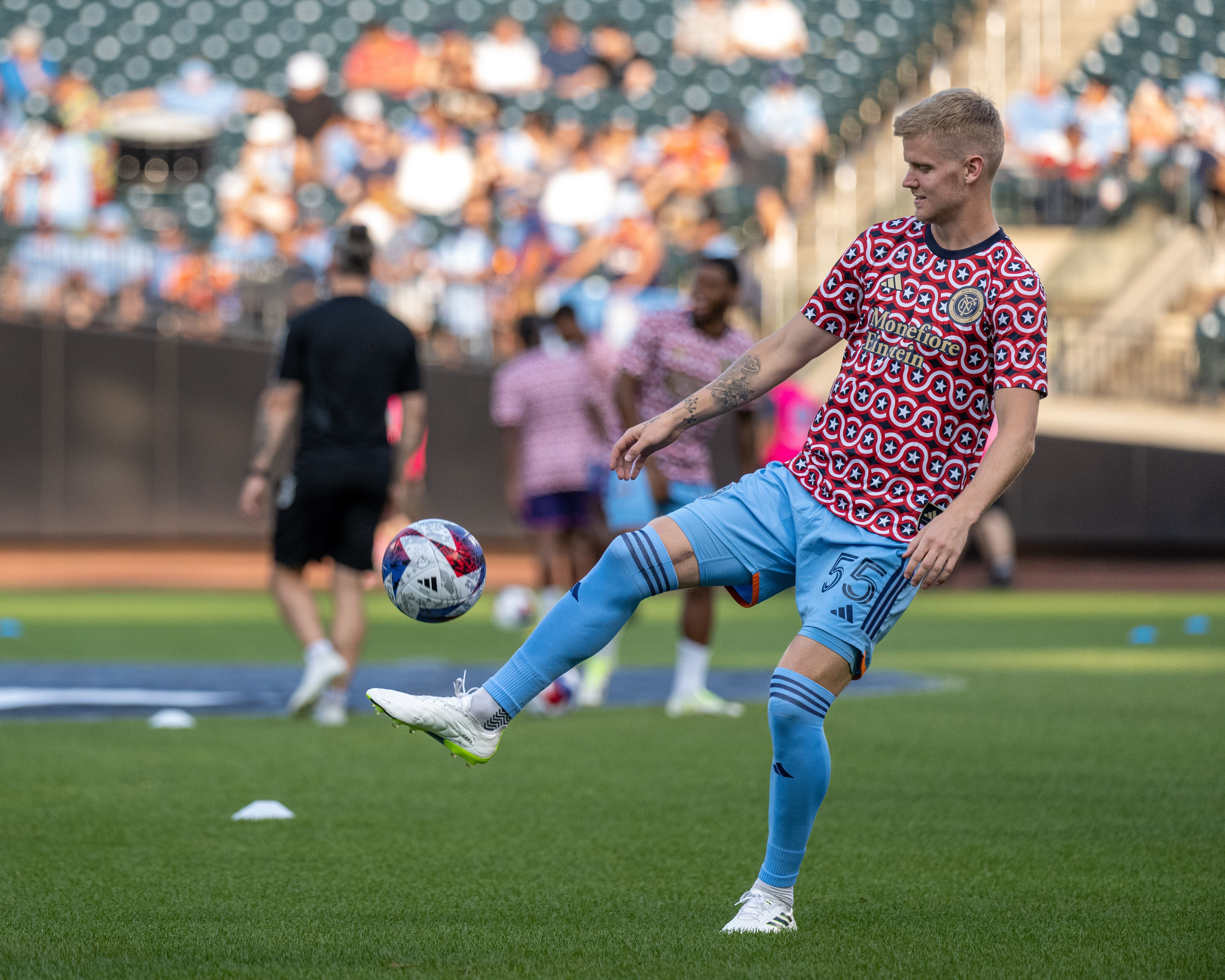 Jul 5, 2023; Queens, New York, USA; New York City FC midfielder Keaton Parks (55) warms up before a match against Charlotte FC at Citi Field. Mandatory Credit: Mark Smith-USA TODAY Sports