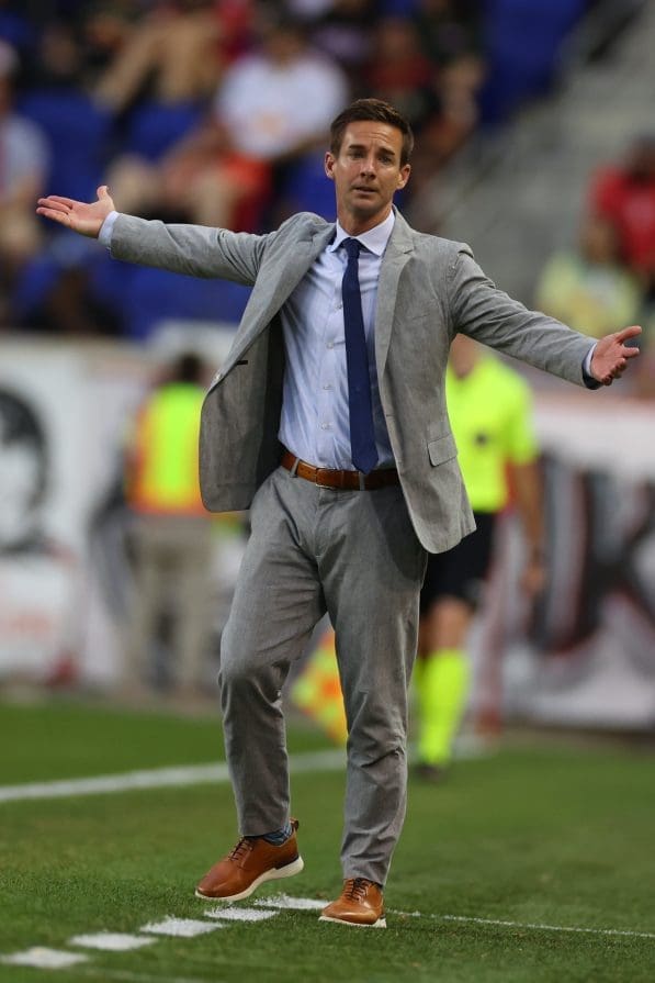 Jul 8, 2023; Harrison, New Jersey, USA; New York Red Bulls head coach Troy Lesesne reacts during the second half at Red Bull Arena. Mandatory Credit: Vincent Carchietta-USA TODAY Sports