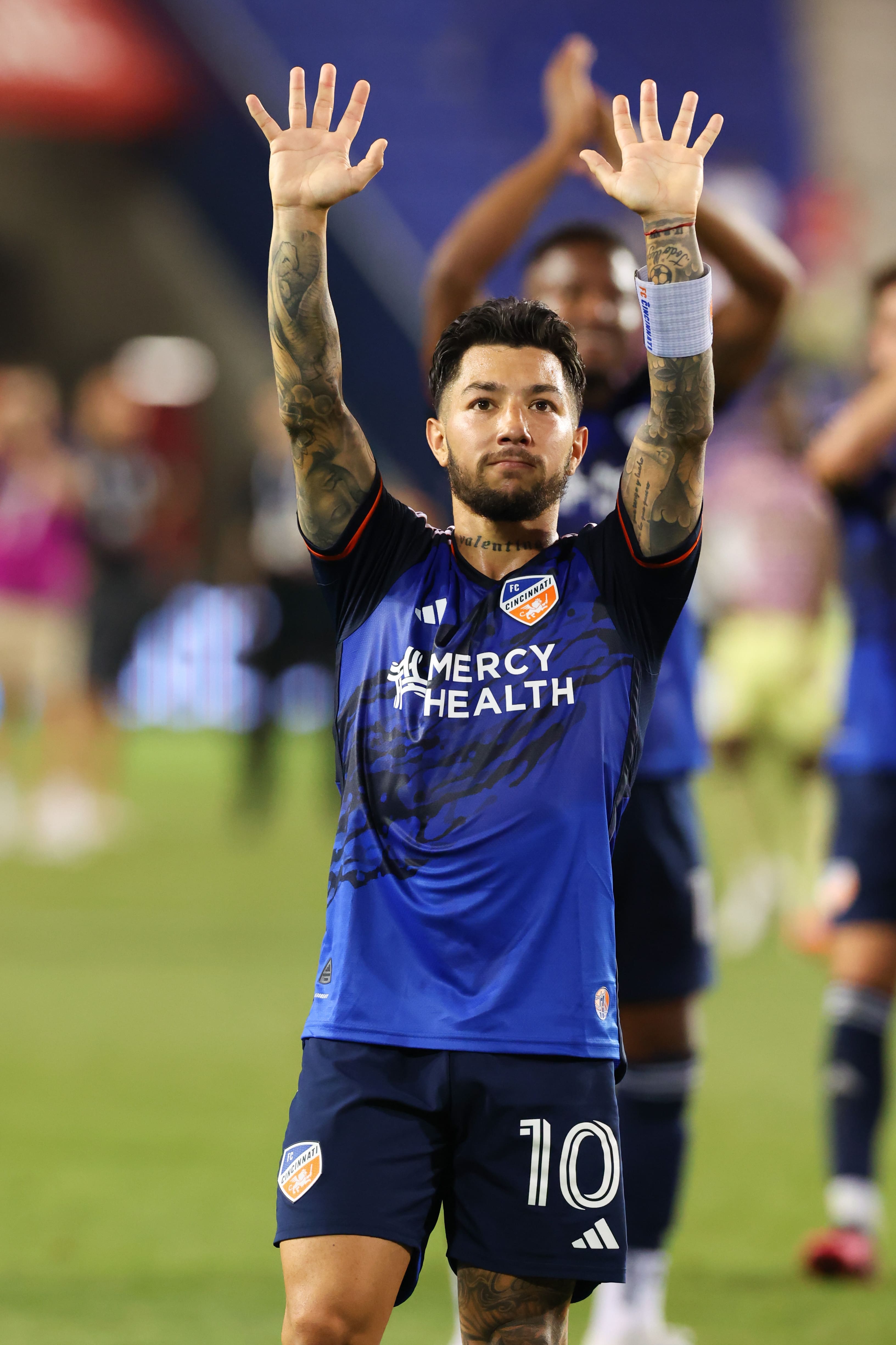 Jul 12, 2023; Harrison, New Jersey, USA; FC Cincinnati midfielder Luciano Acosta (10) gestures to fans after the game against the New York Red Bulls at Red Bull Arena. Mandatory Credit: Vincent Carchietta-USA TODAY Sports