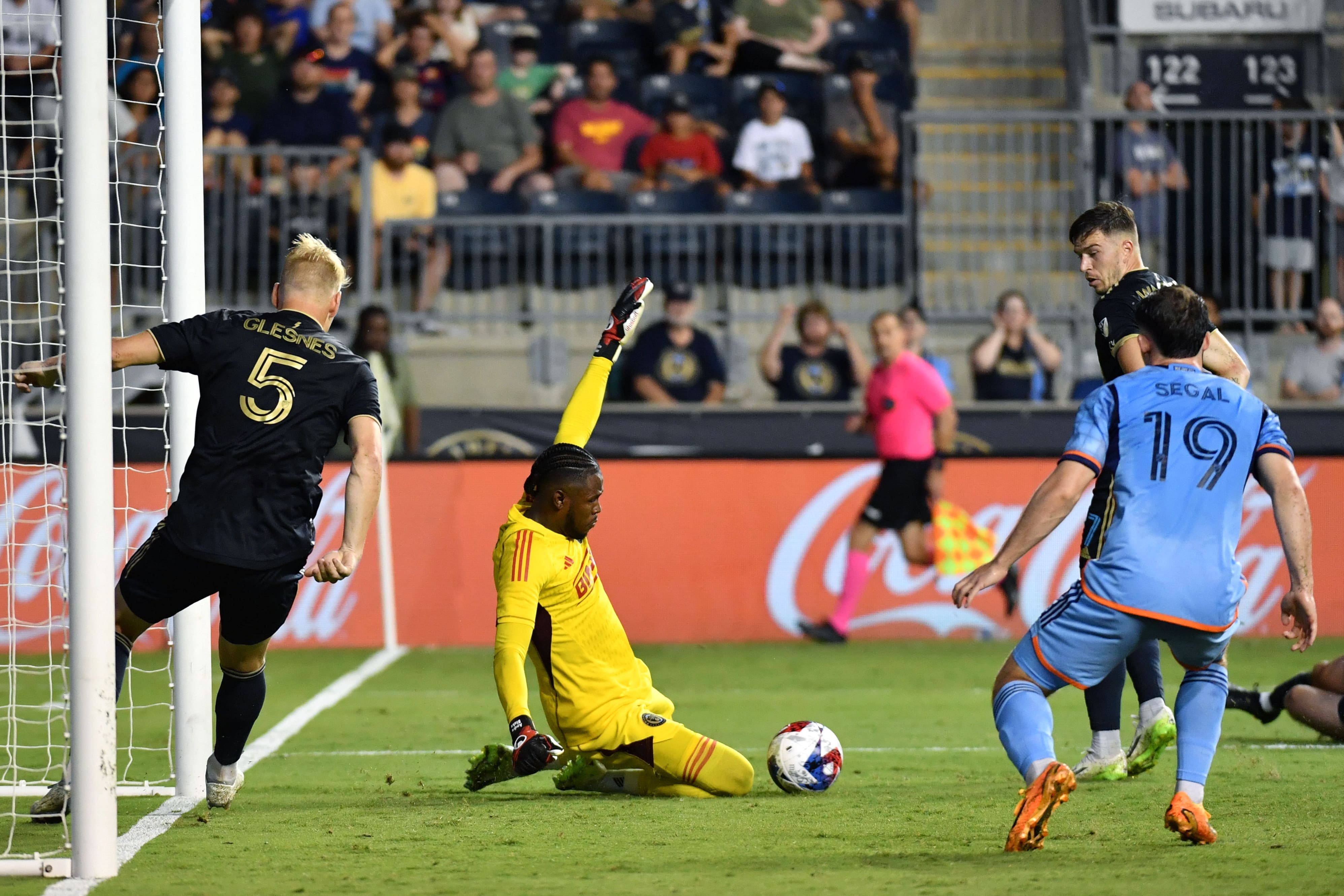 Jul 15, 2023; Philadelphia, Pennsylvania, USA; Philadelphia Union goalkeeper Andre Blake (18) makes a save against the New York City during the second half at Subaru Park. Mandatory Credit: Eric Hartline-USA TODAY Sports