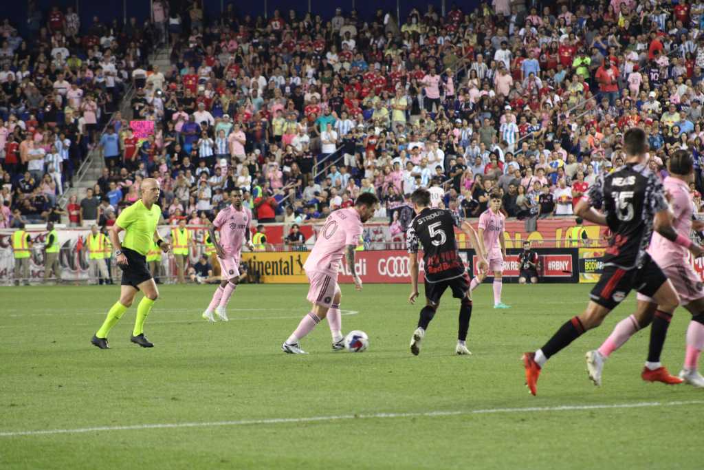 Leo Messi of Inter Miami works over Daniel Edelman of the NY Red Bulls. 