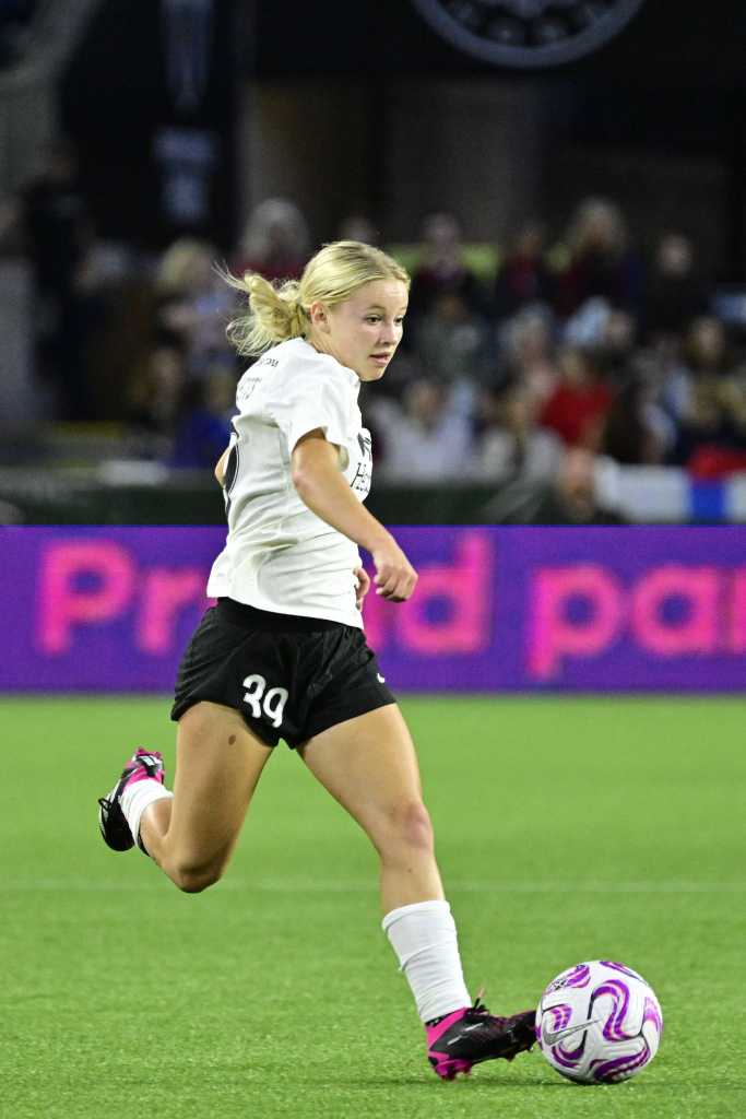 Jun 23, 2023; Portland, Oregon, USA; Washington Spirit midfielder Chloe Ricketts (39) plays the ball in the second half against Portland Thorns FC at Providence Park. Mandatory Credit: Troy Wayrynen-USA TODAY Sports