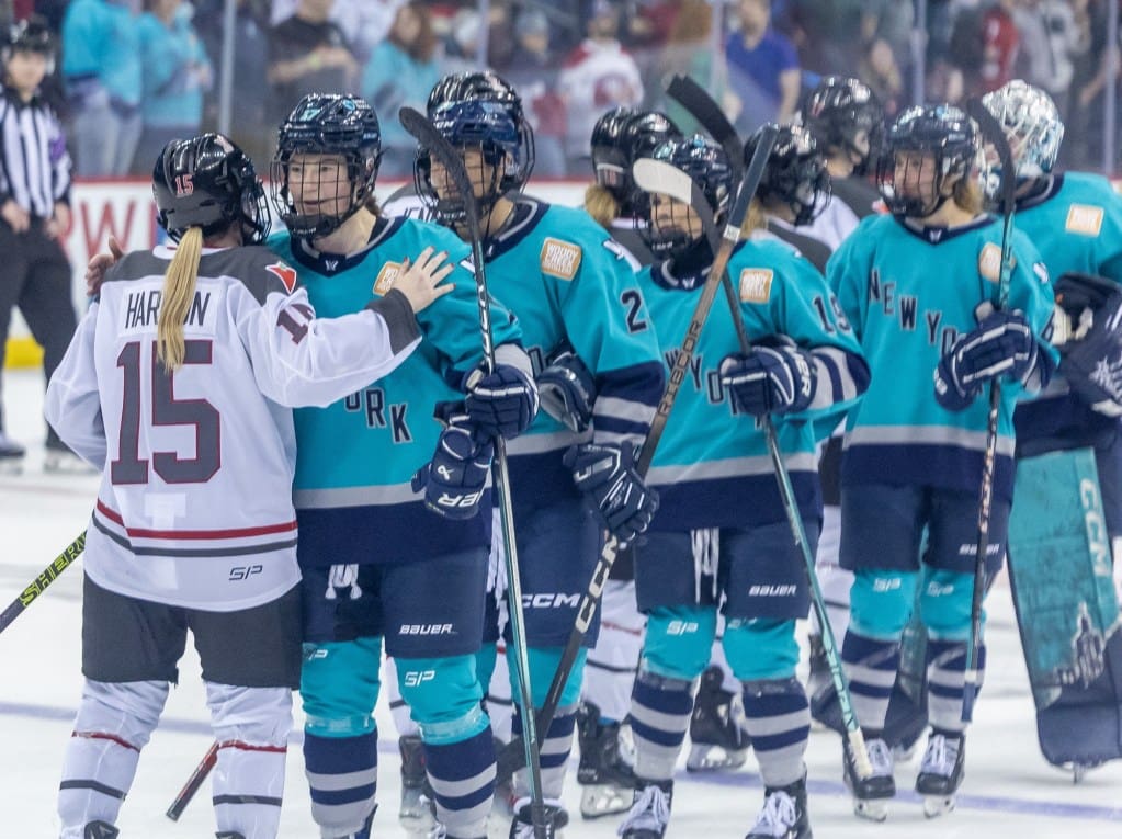 5/1/24 New York and Ottawa players shake hands after the match following one of hockey's greatest traditions. Mandatory Credit: PWHL