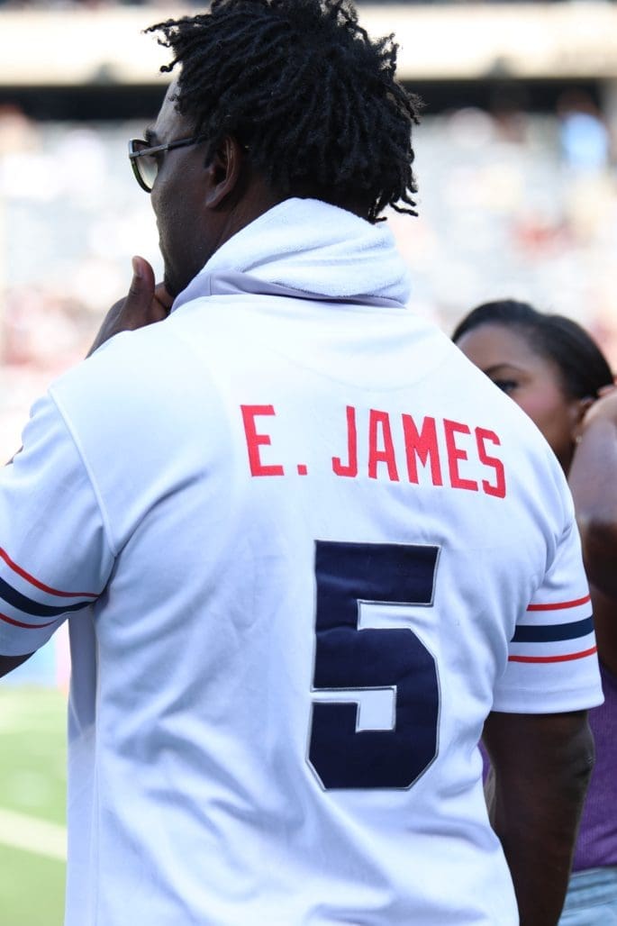 Former Indianapolis Colt Edgerrin James on the sideline watching his son Eden James play for Howard University. 9/14/24|MetLife East Rutherford, NJ| Jose Pichirilio- Bad Dawg Sports