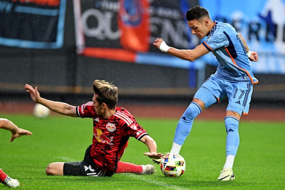 May 18, 2024; New York, New York, USA; New York City FC forward Hannes Wolff (17) moves the ball to score a goal during the first half against the New York Red Bulls at Citi Field. Mandatory Credit: Mark Smith-USA TODAY Sports