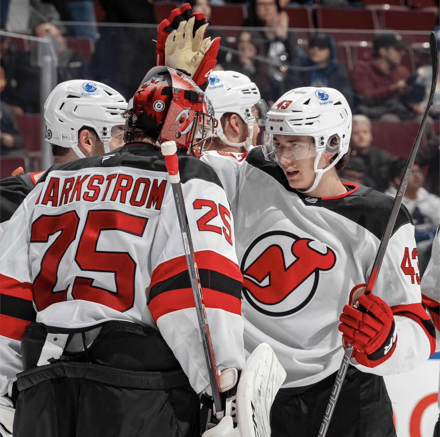 10/31/24 Vancouver, BC Luke Hughes and Jacob Markstrom. Mandatory Credit: Andrew Maclean and New Jersey Devils