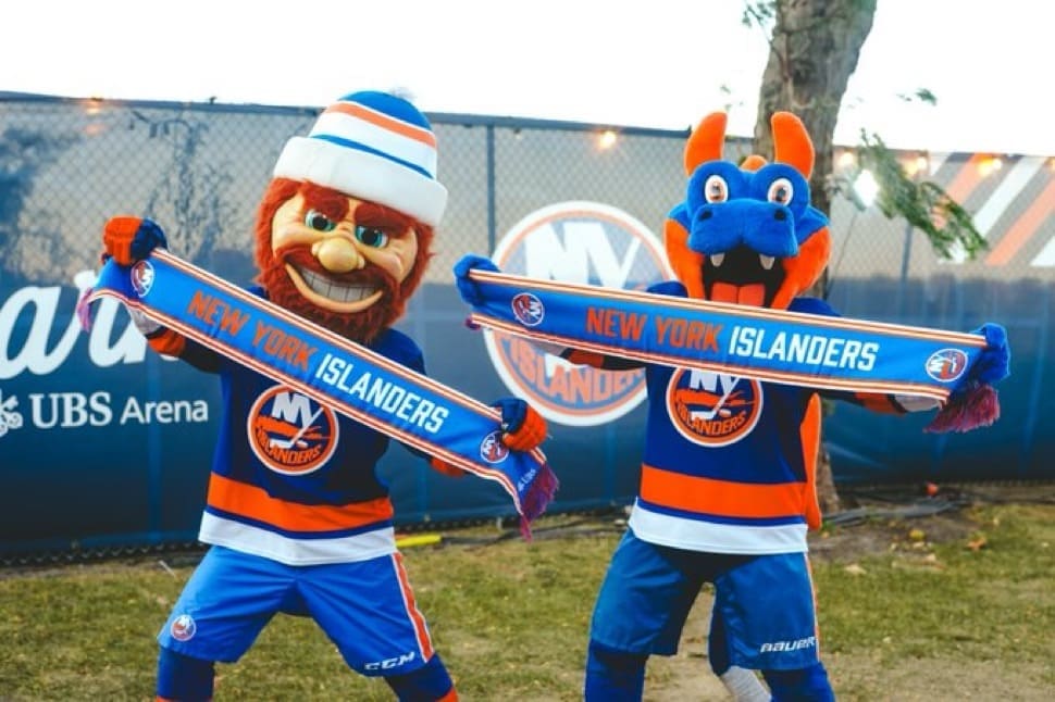 10/10/24 Elmont, New York UBS Arena| The mascots are out in force with Sparky and Ny-isles. Mandatory Credit: NY Islanders
