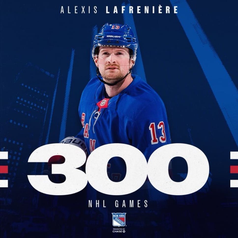 10/12/24 NYC,NY Madison Square Garden| Congratulations to ALEXIS LAFRENIERE on 300 games played. Mandatory Credit: NY Rangers