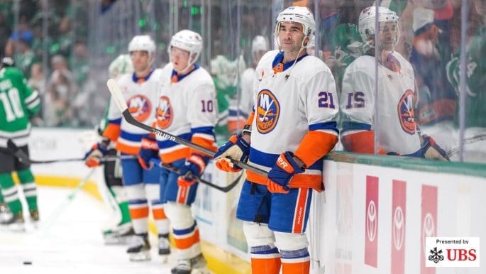 10/12/24 Dallas, TX American Airlines Center| Kyle Palmer along the boards in warmups for Isles. Mandatory Credit: NY Islanders