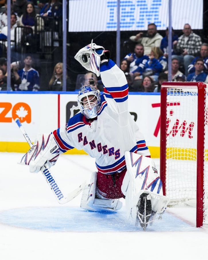 10/19/24 Toronto,CN Scotiabank Center| Igor making a save against the Maple Leafs. Mandatory Credit: New York Rangers