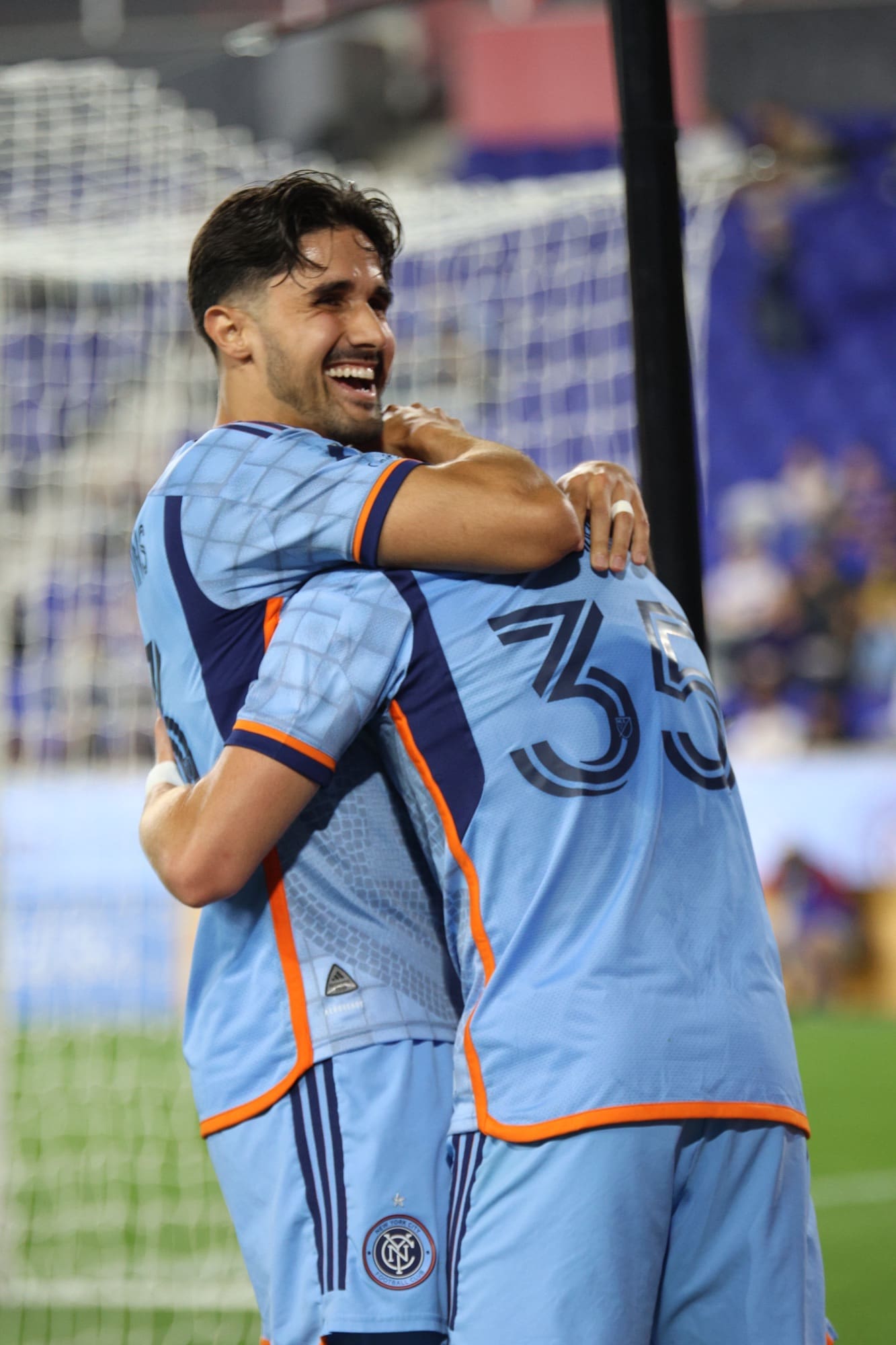 0/2/24 Harrison, New Jersey| Red Bull Arena| Mitja Ilenic celebrating first career MLS goal and goal for Club with Captain Thiago Martin. Mandatory Credit: Jose Pichirilo/Bad Dawg Sports