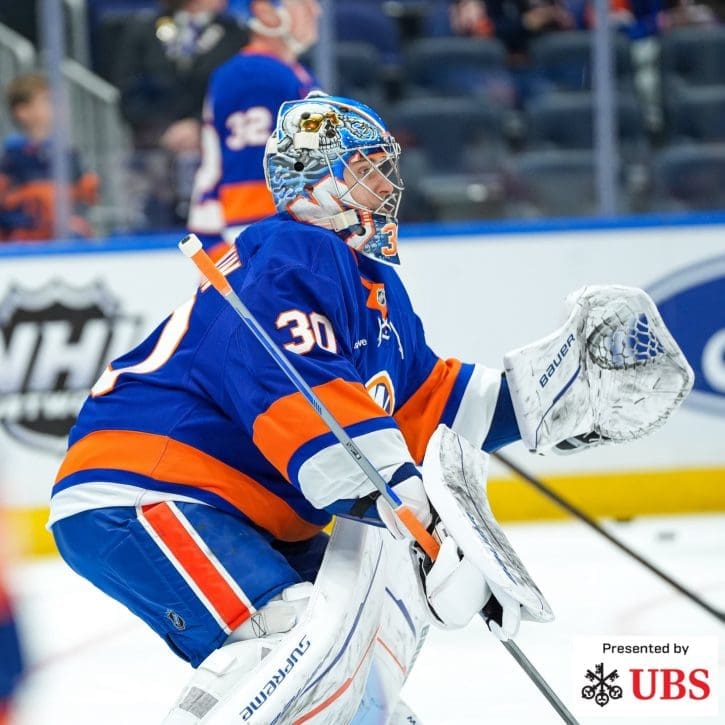 10/22/24 Elmont, NY UBS Arena| Varlamov warming up pre game. Mandatory Credit: New York Islanders