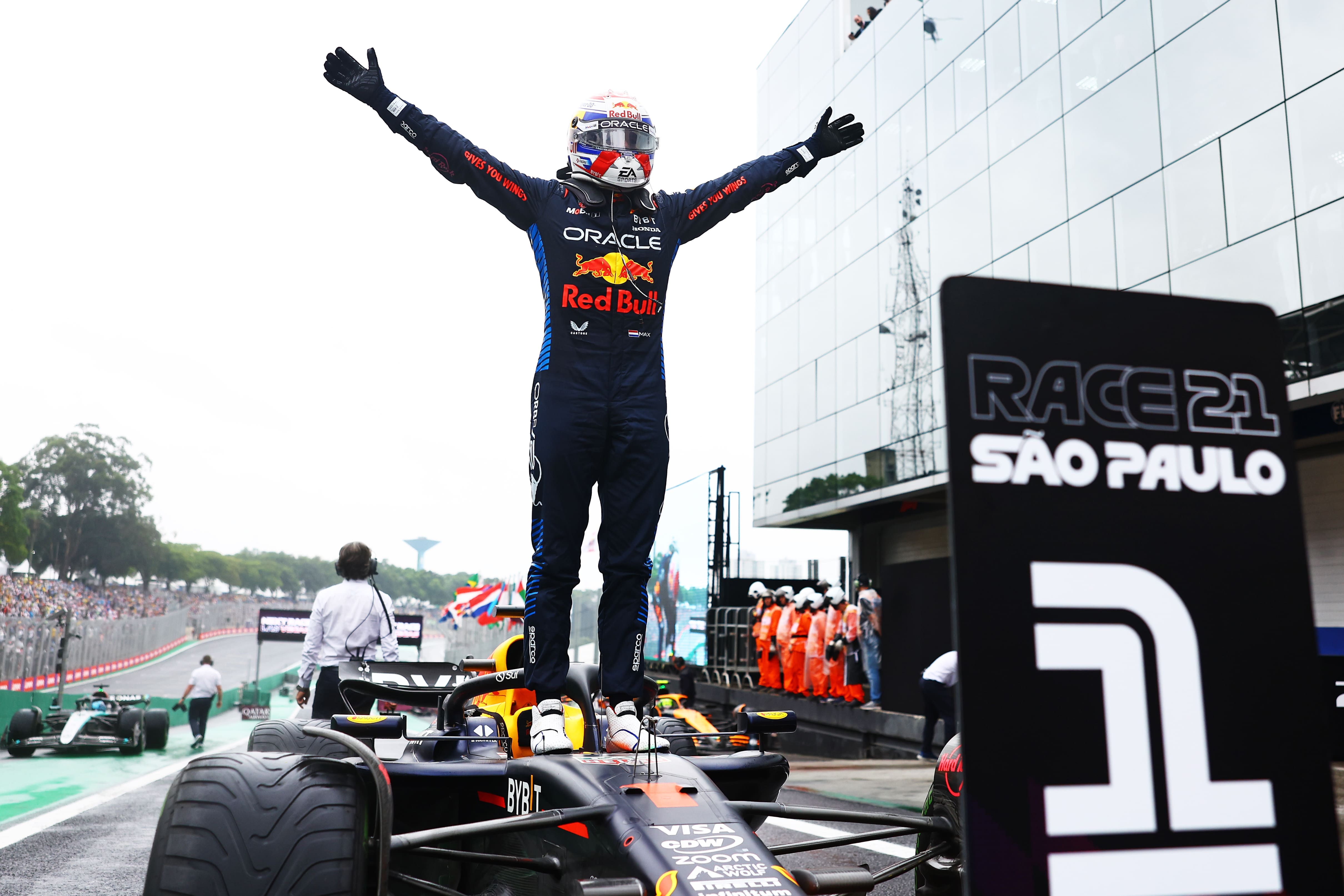 SAO PAULO, BRAZIL - NOVEMBER 03: Race winner Max Verstappen of the Netherlands and Oracle Red Bull Racing celebrates in parc ferme during the F1 Grand Prix of Brazil at Autodromo Jose Carlos Pace on November 03, 2024 in Sao Paulo, Brazil. (Photo by Mark Thompson/Getty Images)