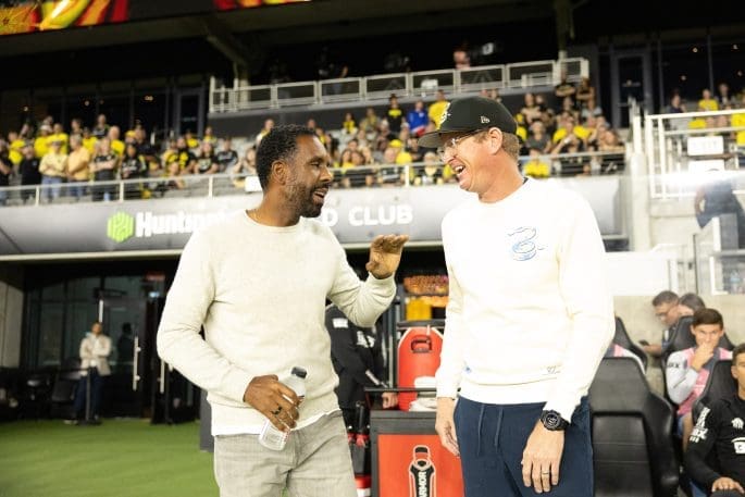 Oct 5, 2024; Columbus, Ohio, USA; Columbus Crew head coach Wilfried Nancy and Philadelphia Union head coach Jim Curtin before the game at Lower.com Field. Mandatory Credit: Trevor Ruszkowski-Imagn Images