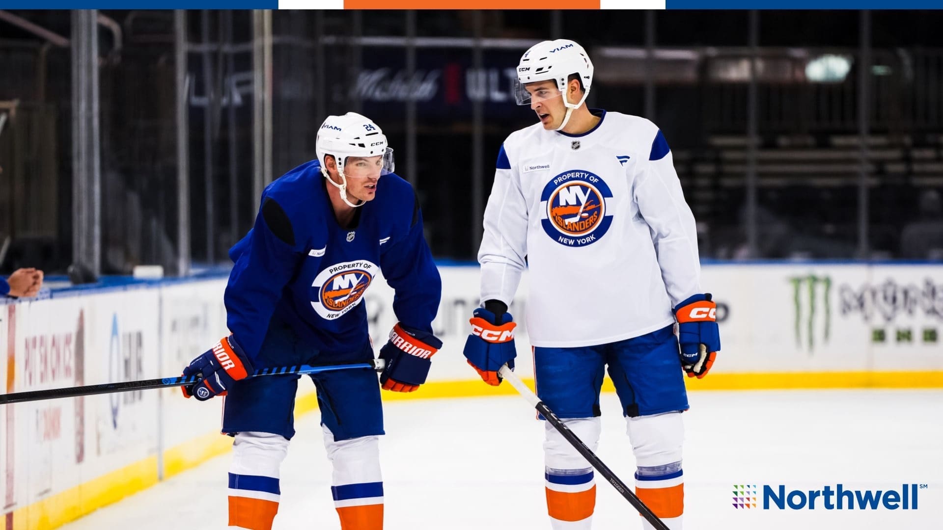Isles defensemen Grant Hutton and Samuel Bolduc. Mandatory Credit: NY Islanders