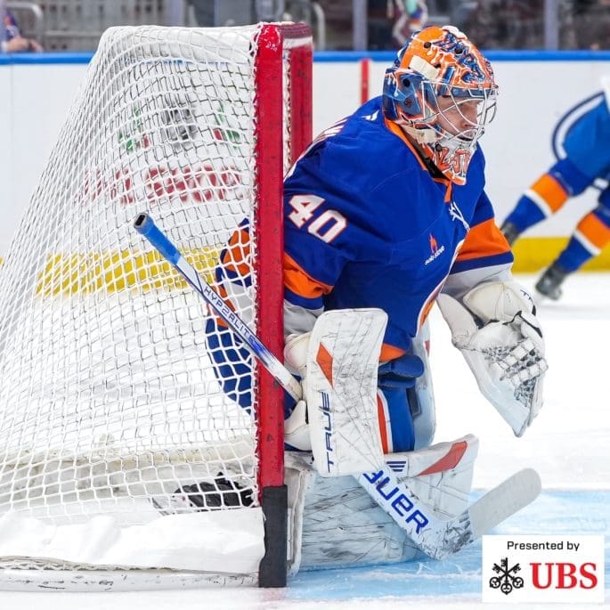 11/15/24 Elmont, NY UBS Arena| Semyon Varlamov pre-game warm ups before facing Detroit. Mandatory Credit: NY Islanders