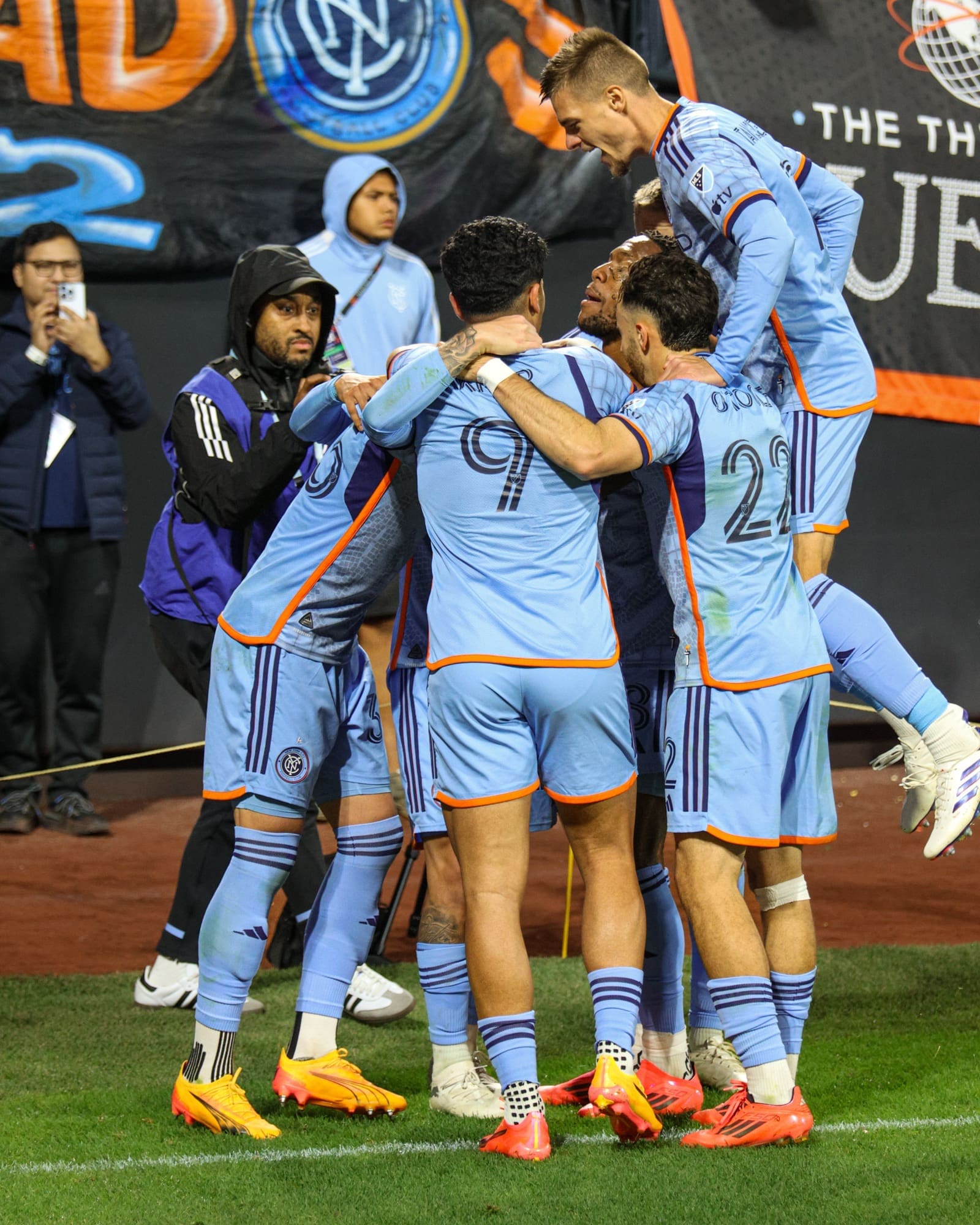 11/2/24, Queens NY, Citi Field, Santiago Rodriguez, goal celebration with teammates, Goal Celebration Mandatory Credit: Jose Pichirilo /Bad Dawg Sports