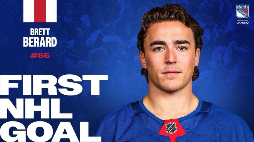 11/27/24 Raleigh, NC Lenovo Center| NY Rangers Brett Berard scores his first NHL goal poster. Mandatory Credit:NY Rangers