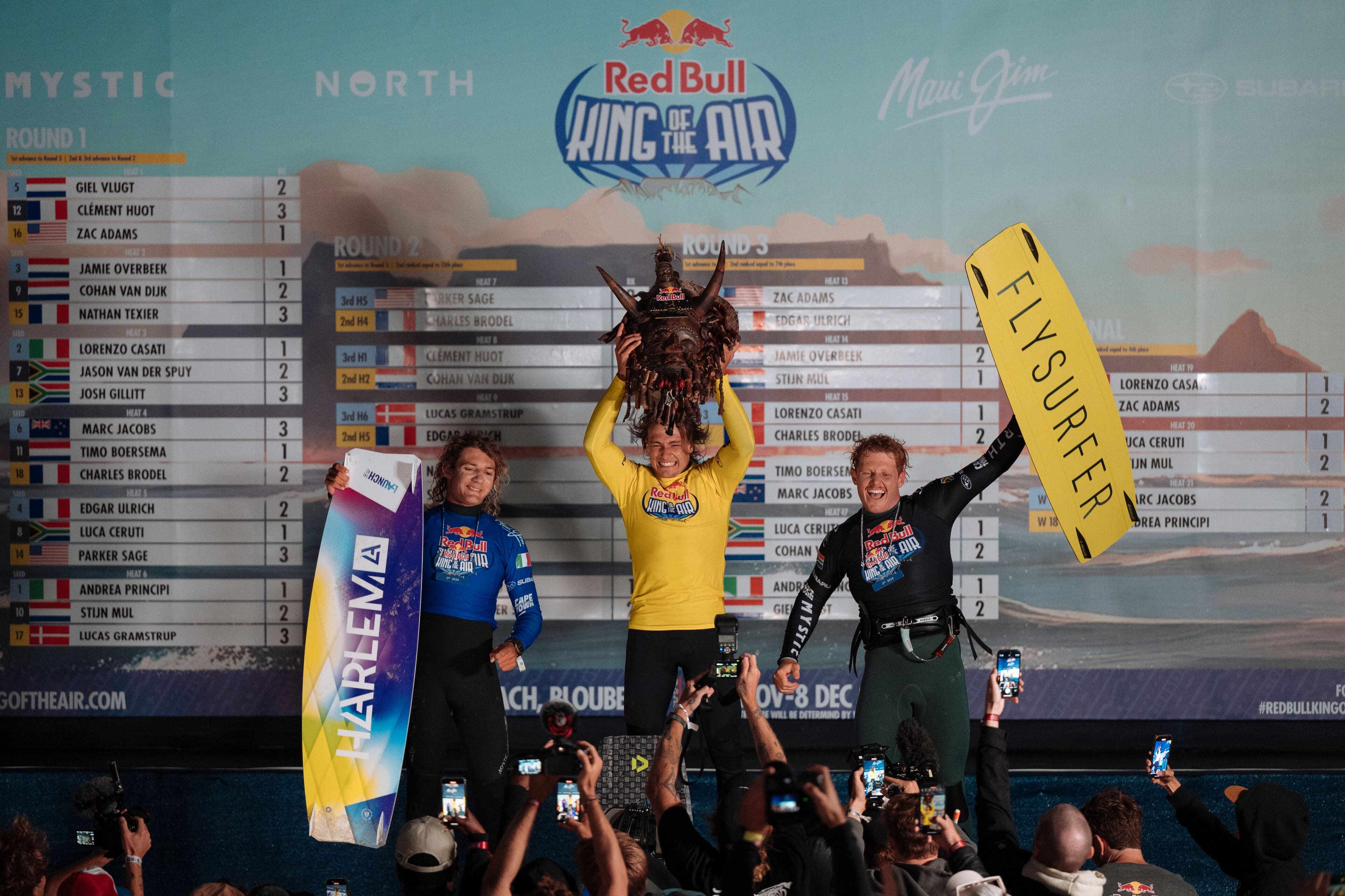 12/8/24 Men's division Podium (L-R Lorenzo Casati, Andrea Principi, Luca Ceruti ) seen during Day 2 of Red Bull King Of The Air in Cape Town, South Africa on December 8, 2024. // Wayne Reiche / Red Bull Content Pool // SI202412080383 //