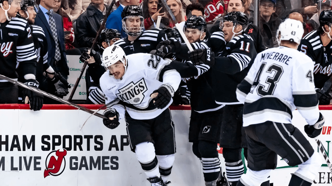 12/12/24 Newark, NJ Paul Cotter and Stefan Noesen get in a scrum with an LA player Mandatory Credit: Andrew Maclean, Tom Horak and Getty Images