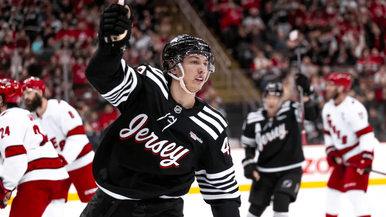12/27/24 Newark, NJ Luke Hughes scores the game winning goal against the Hurricanes, his third goal of the season, Mandatory Credit: New Jersey Devils/ Andrew Maclean
