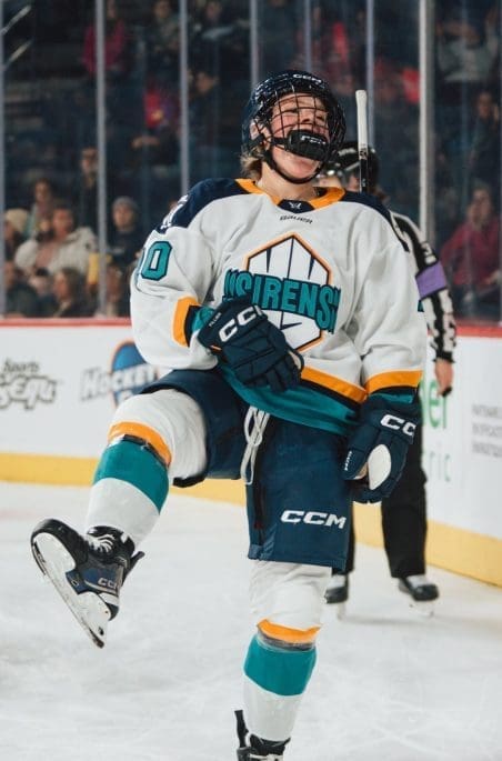 12/4/24 Montreal, Canada Place Bell| New York Siren's forward Sarah Filler Celebrating a goal. Mandatory Credit: New York Sirens