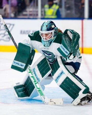 12/8/24 Boston, MA Tsongas Center| Aerin Frankel in net prior to the game. Mandatory Credit: PWHL/Boston Fleet