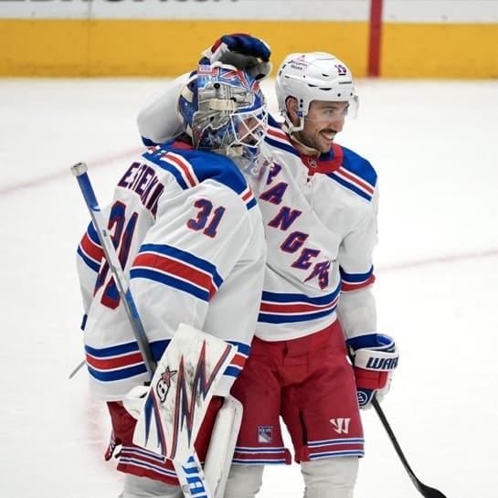 12/20/2024 American Airlines Arena Photo by NY Rangers Igor Shesterkin & Vincent Trocheck celebrate the win.