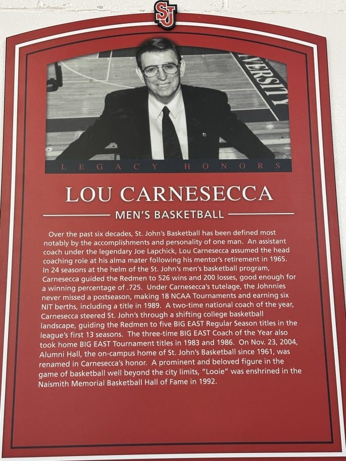 12/7/24 Queens, NY Lou Carnesecca Arena| Lou Carnesecca plaque honoring the legendary coach inside the arena named after him. Mandatory Credit: Bad dawg Sports