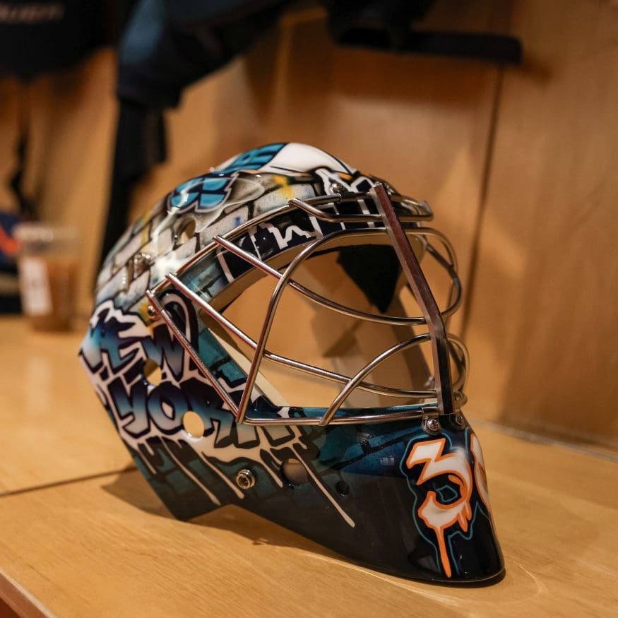 12/18/24 Newark,NJ Prudential Center| Sirens goalie mask in locker room pre-game. Mandatory Credit: PWHL/NY Sirens