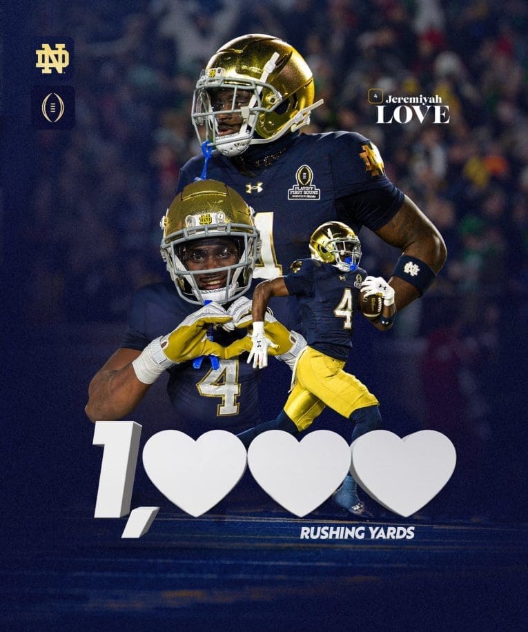 12/22/24 South Bend, IN Norte Dame| Jeremiyah Love rushes for 1,000 yards this season and helps his team move on to face UGA in CFP. Mandatory Credit: Norte Dame University