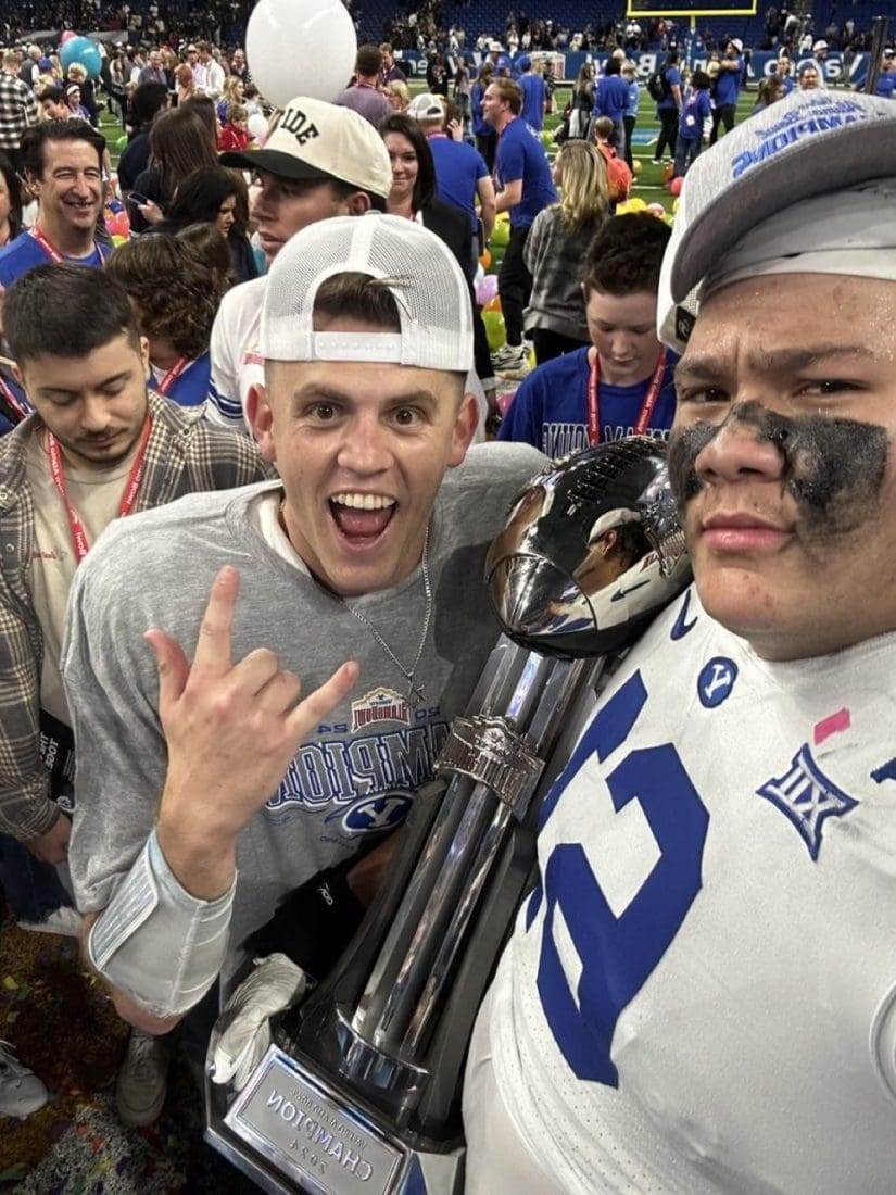 12/29/24 San Antonio, TX Alamodome| BYU lifts the trophy. Mandatory Credit: BYU Football