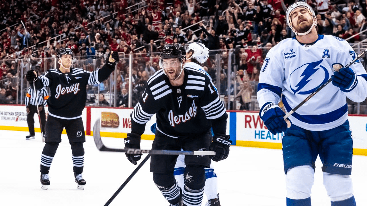 01/11/25 Newark, NJ Stefan Noesen scoring the game winning goal for New Jersey in overtime on the power play. Mandatory Credit: New Jersey Devils/ Andrew Maclean