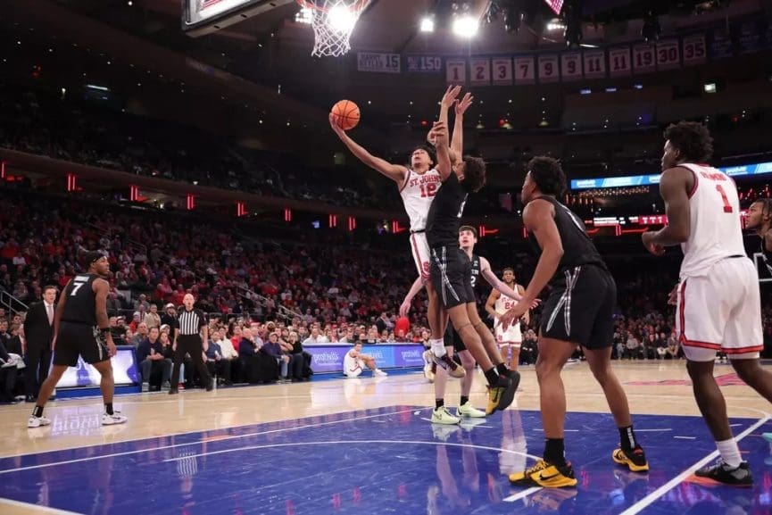 1/23/25 New York, NY Madison Square Garden| RJ Luis Jr makes a key layup for the Johnnies. Mandatory Credit: St John's University