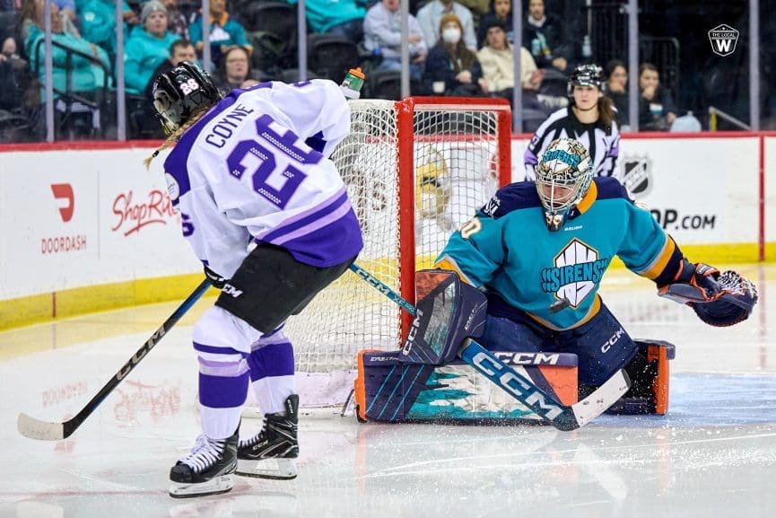 01/15/25 Newark, NJ Prudential Center| Corrine Schroeder denies Kendall Coyne. Mandatory Credit: The Local W/ Joe Peng
