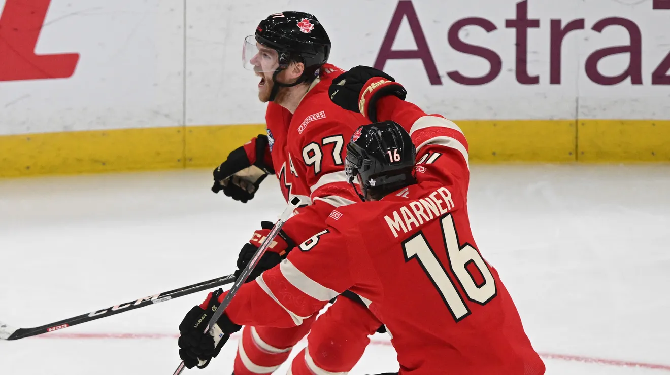 2/21/25 Boston, MA TD Bank Gardens| Canada's Connor McDavid celebrates his Game-winning-goal for Four Nations Cup aka Lord Stanley's little brother. Mandatory Credit: Getty Images