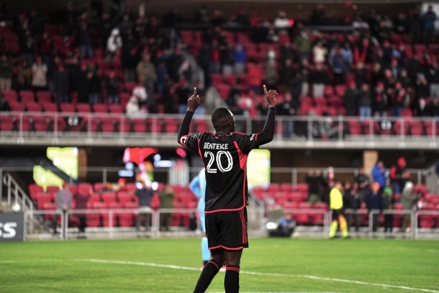 2/22/25 Washington,DC Audi Field| Benteke celebrating his aerial goal that gave DC a brief lead. Mandatory Credit: Bad Dawg Sports/ Diego Reyes