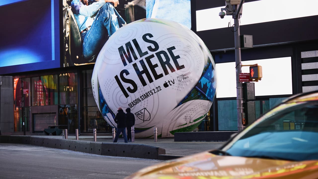 2/20/25 New York, NY Time Square| MLS IS HERE Soccer Ball in Time Square to kick off the season. Mandatory Credit: MLS/Apple
