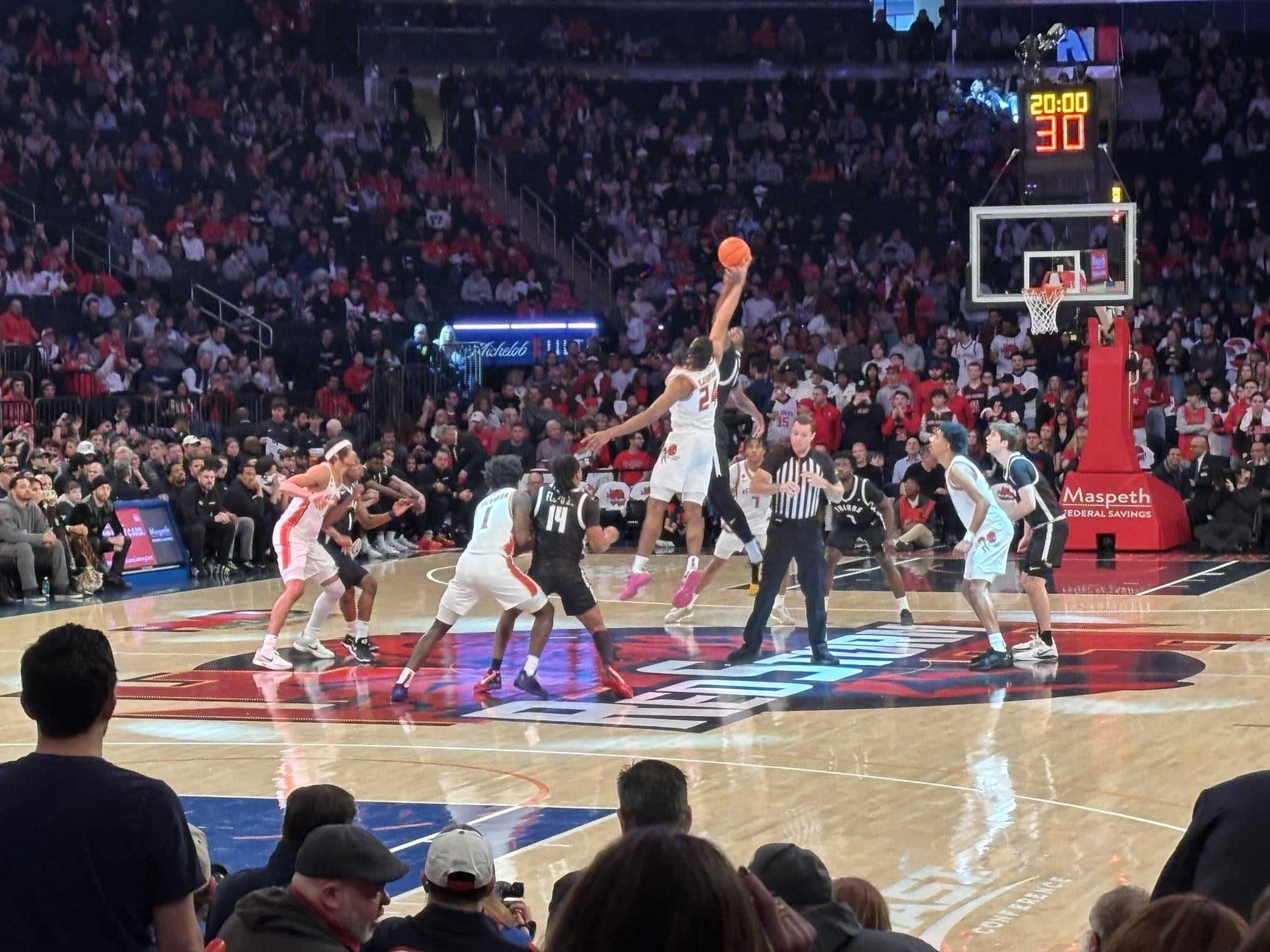 2/1/25 New York, NY Madison Square Garden| St John's Red Storm win tip-off but ball goes out of play. Mandatory Credit: Bad Dawg Sports/ JJ Pavlick