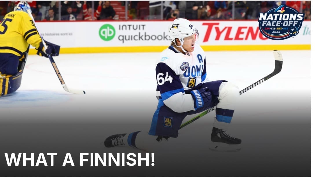 2/15/25 Montreal, CN Bell Centre| Finland's Granlund scores in OT to keep the Fins alive. Mandatory Credit:NHL