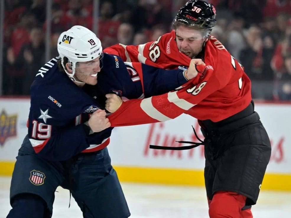 2/15/25 Montreal, CN Bell Centre| Team USA's Matthew Tkachuk and Team Canada's Brandon Hagel fight during the first period. mandatory Credit: Eric Bolte, Imagn Images