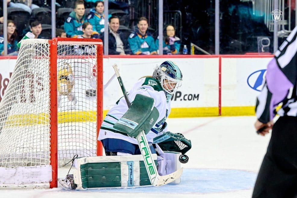 2/17/25 Newark, NJ Prudential Center| Boston Fleet Goalie Aerin Frankel making one of many saves on the night. Mandatory Credit: The Local W