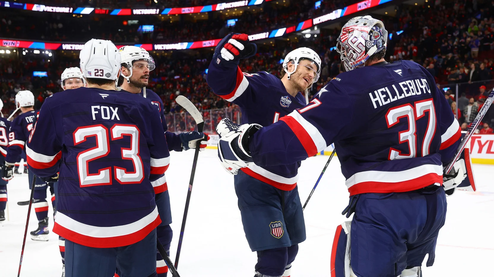 2/15/25 Montreal, CN Bell Centre| Adam Fox, Brady Tkachuk,Auston Fuckin Matthews and Hellebuyck celebrate the US win over Canada. Mandatory Credit: © Vitor Munhoz/4NFO/World Cup of Hockey