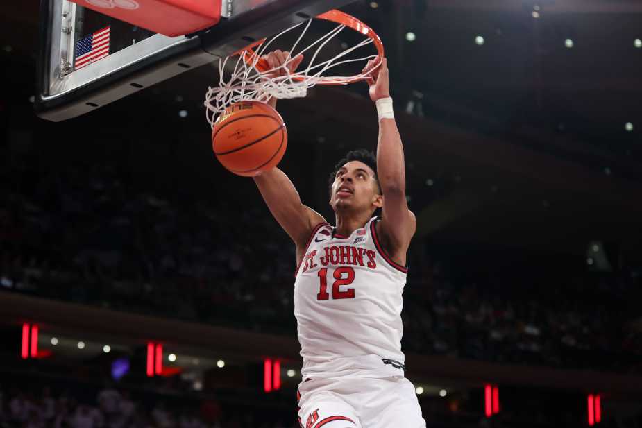 3/1/25 New York City, NY Madison Square Garden| RJ Luis Jr Dunking on Seton Hall. Mandatory Credit: Bad Dawg Sports/Matthew Last