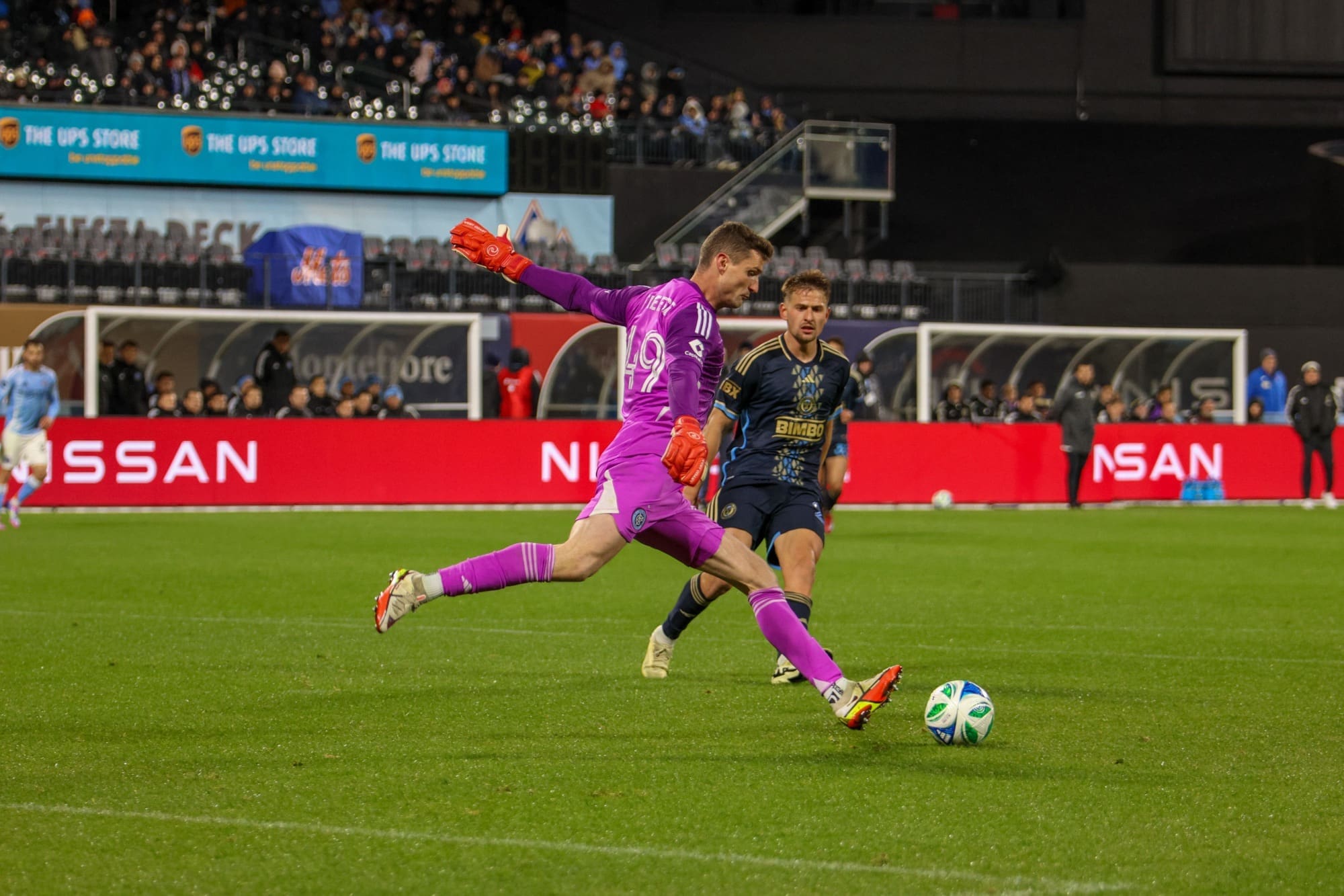 4/12/25, Queens, New York City, Citi Field, Matt Freese #49 of New York City FC kicks the ball during a game between Philadelphia Union. Jose Pichirilo /Bad Dawg Sports