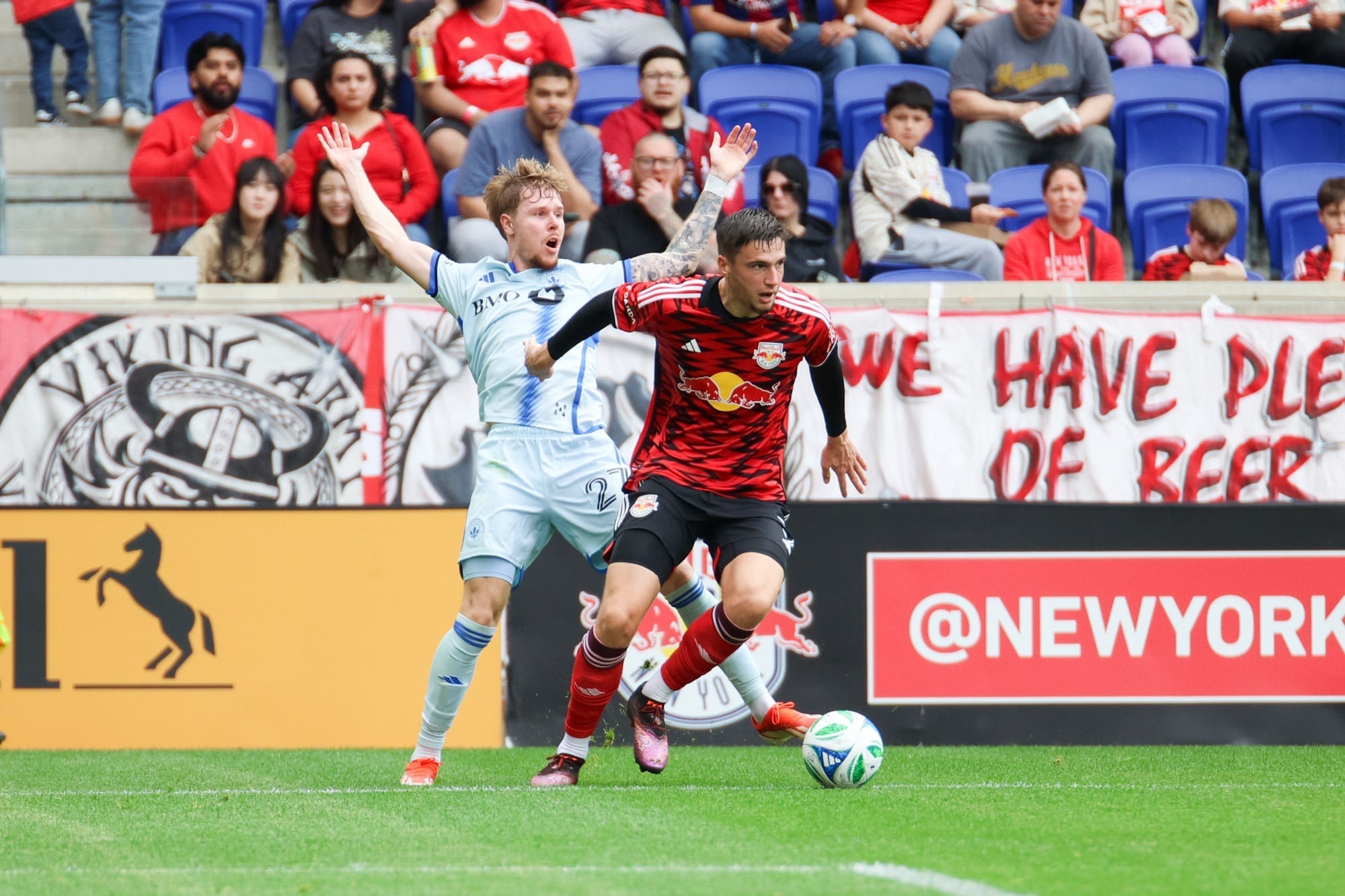 4/26/25, Harrison, New Jersey, Sports Illustrated Stadium, Noah Eile #3 of the New York Red Bulls is defended by Dawid Bugaj #27 Defender CF Montréal the first half. Jose Pichirilo /Bad Dawg Sports