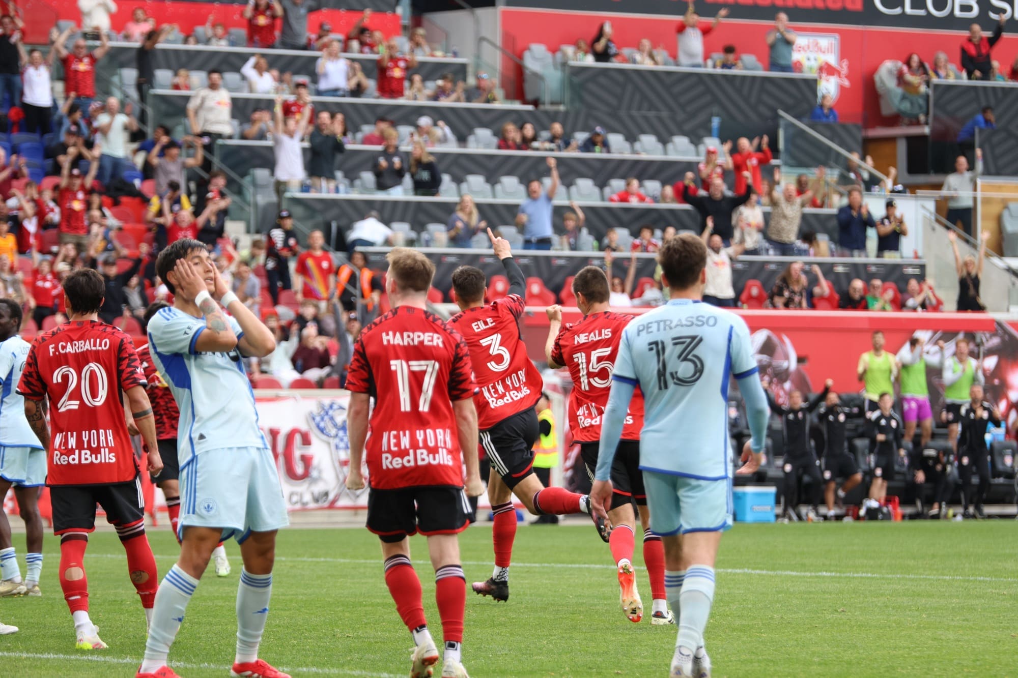 4/26/25, Harrison, New Jersey, Sports Illustrated Stadium, Noah Eile #3 of the New York Red Bulls celebrates scoring during the second half against CF Montréal Jose Pichirilo /Bad Dawg Sports